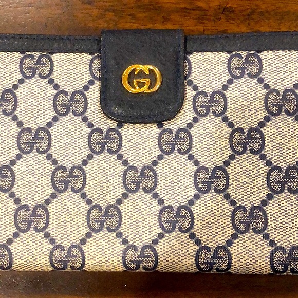GUCCI GG Monogram Navy Blue Leather and Coated Canvas Long Bifold Wallet Vintage - Picture 3 of 17